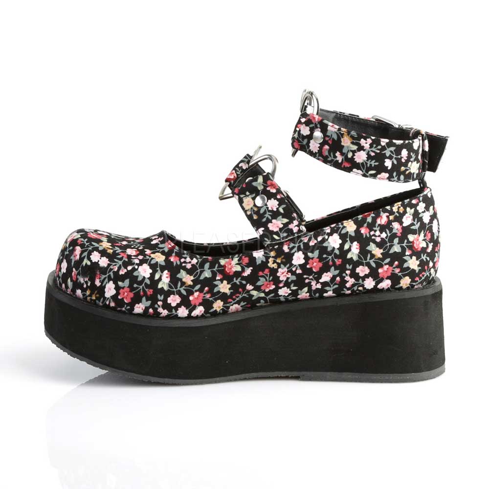 Demonia Sprite 02 Plateau Mary Jane Schuh mit Blumendruck Demonia Sprite 02 Plateau Mary Jane Schuh mit Blumendruck